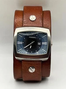 Fossil Men's Grey & Black Rectangular Quartz Watch w/Wide Brown Leather Strap - Picture 1 of 2