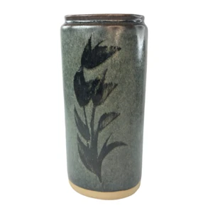 Art Pottery Slate Grey Vase with Black Floral Design Glazed Medium 7'' (17cm) - Picture 1 of 5