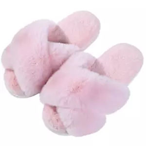 Women's Fuzzy Slippers Cross Band Memory Foam House Slippers Open Toe, Pink, ... - Picture 1 of 7