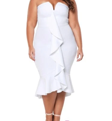 White Plus Size Strapless Cascading Ruffle Hi-Lo Wedding Gown Dress XL 2XL 3XL - Image 1 of 2
