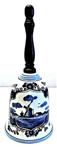 Vintage Elesva Hand Painted Porcelain Delft Blue 8” Bell w/ Wood Handle - Picture 1 of 7