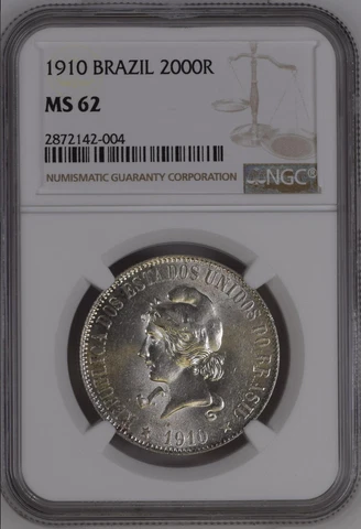 1910 BRAZIL SILVER-CROWN 2.000 REIS KM#508 NEAR-CHOICE NGC MS62 RARITY R8 3/2 Cover