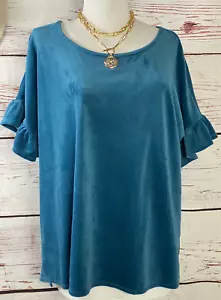 Woman Within Top Large Velour Teal Ruffled Sleeves Sz 18 20 Velveteen Work Party - Picture 1 of 15