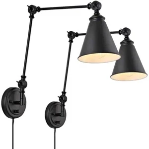 Set Of 2 - WINGBO Adjustable Swing Arm Wall Lamp Black Plug-in or Hardwire - Picture 1 of 1