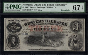 1857 $3 Obsolete Nebraska, Omaha City Western Exchange Fire & Marine PMG 67 EPQ - Picture 1 of 2