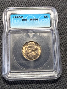 1950-D Jefferson Nickel Gem ICG MS 66 Uncirculated US Mint 5 cents - Picture 1 of 2