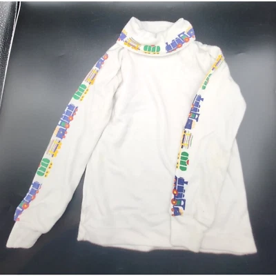 Vintage 80s Turtleneck Pullover White with Trains on Neck and Sleeves Size 4 YK - Image 1 of 4