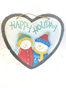 Happy Holiday Snowmen Heart Shaped Hand Painted Slate Wall Hanging - Picture 1 of 12