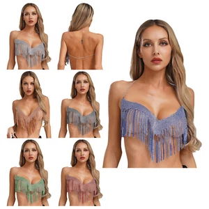 Women Clubwear Tassel Top Sequin Vest Chest Chain V-Neck Halter Party Y2k Show - Picture 1 of 68