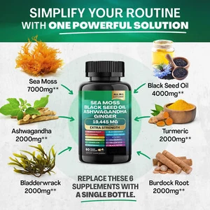 Sea Moss 7000Mg Black Seed Oil 4000Mg Ashwagandha 2000Mg Turmeric 2000Mg - Picture 1 of 10