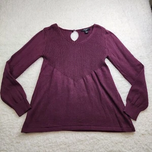 Nine West Jeans Sweater Lg Burgundy Babydoll Empire Waist Ribbed Vneck Keyhole - Picture 1 of 10