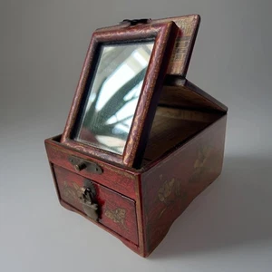 Vintage Chinese Jewelry Box One Drawer Fold Away Mirror 6”x 3,5” - Picture 1 of 11
