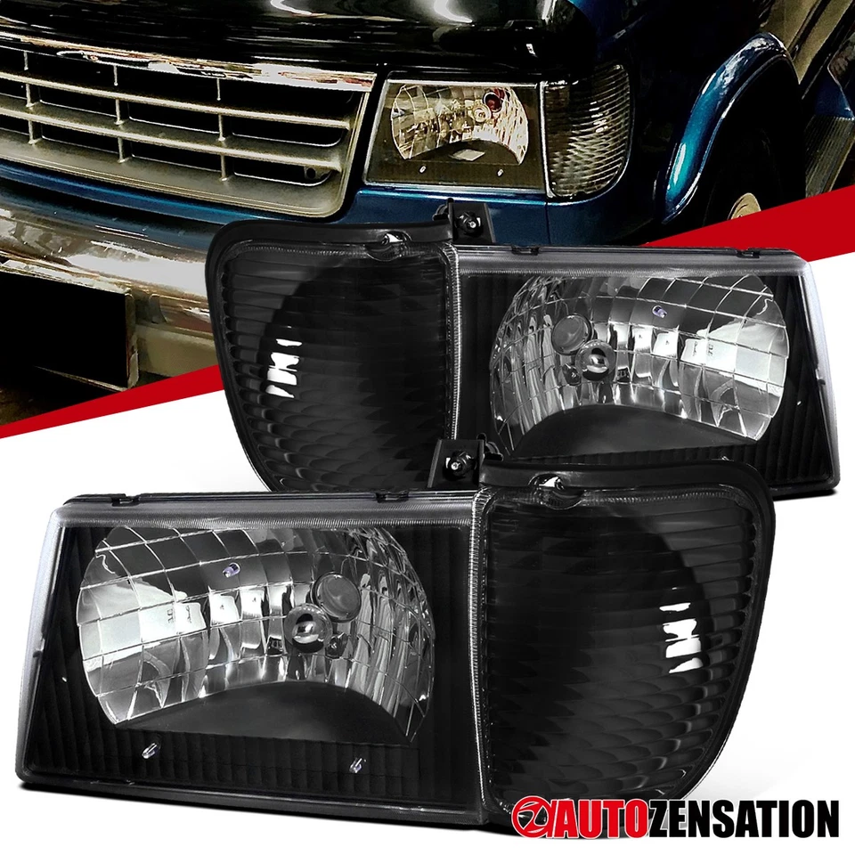 Fit 1992-2006 Ford E150 E250 E350 Econoline Black Headlights+Corner Signal Lamps - Image 1 of 4