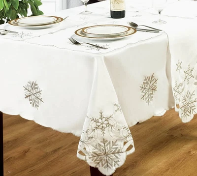 Embroidered Festive SNOWFLAKES White Silver Christmas Tablecloths Table Runner - Image 1 of 2