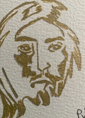 ACEO arte acuarela por PJ, tarjeta de arte 2,5 x 3,5: Jesús, silueta en oro Foto 1 de 2