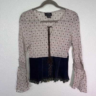 Top Y2K Para Mujer Grande Angie Boho Denim Retazos Con Cordones Mezcla Hippie Campesino L Foto 1 de 4