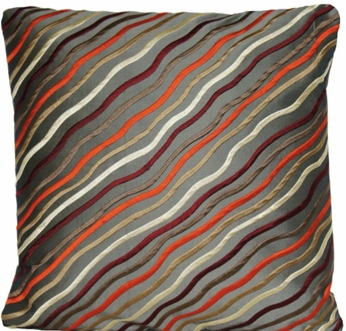 Embroidered Cushion Cover Grey with Orange Wine Gold Lines Modern Decor 16x16 in - Image 1 of 1