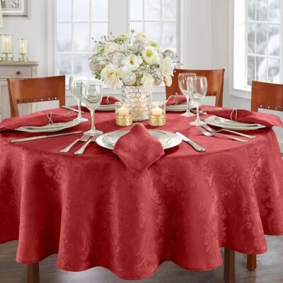 Caiden Damask Fabric 70" Round Christmas Luxurious Red Tablecloth  NWT - Image 1 of 4