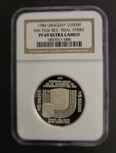 RARE **TRIAL STRIKE** 1984 Uruguay Silver 20,000 Pesos KM-TS26 REVERSE NGC PF69 - Picture 1 of 2