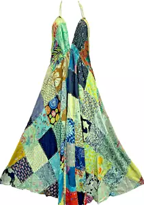 Nwt FUNKY STUFF hippie boho patch smocked A-line maxi DRESS SUNDRESS L Free ship - Picture 1 of 5
