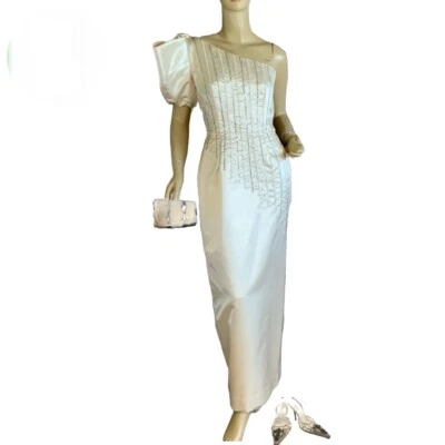 VESTIDO FORMAL MUJER VINTAGE AÑOS 80 CREMA ESTRÁS SATINADO HOMBRO ÚNICO S Foto 1 de 4