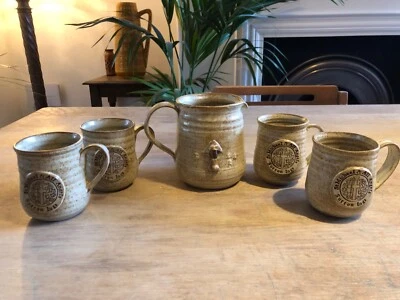 Sutton-On-Hull vintage mushroom stoneware pottery. 4 cups/mugs and a jug - Image 1 of 4