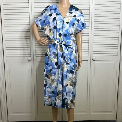 Vestido Lela Rose Corbata Faja Cinturón Estampado Floral Azul Dorado Algodón Elastano Vestido 16 Foto 1 de 4