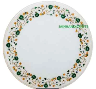 18'' white marble coffee center table top inlay pietra dura  decor round h5 - image 1 of 4