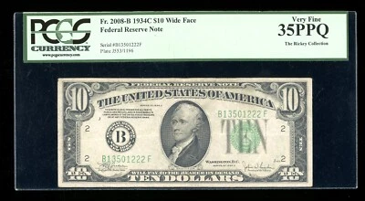 DBR 1934-C $10 FRN New York Fr. 2008-Bw Wide PCGS 35 PPQ Serial B13501222F - Image 1 of 2