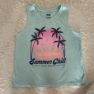 SO Girls Short Sleeve XL 14/16 Palm Trees Tank Top Teal - Picture 1 of 6
