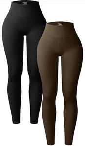OQQ Women's 2 Piece Yoga Leggings Ribbed Seamless Workout High Waist BLK/Coffee - Picture 1 of 2
