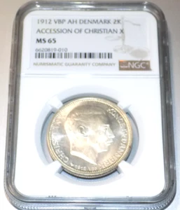 1912 DENMARK SILVER 2 KRONER ACCESSION OF CHRISTIAN X NGC MS 65 Danish UNC COIN - Picture 1 of 4