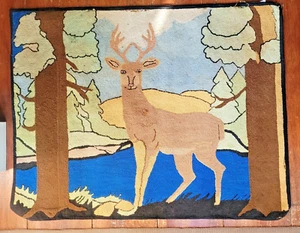ANTIQUE LARGE HOOKED RUG FOLKY DEER - Picture 1 of 8