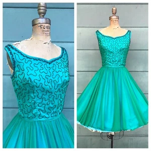 SILK CHIFFON Green Blue Beaded 1950’s Vintage 50s Chiffon Party Vintage Dress S - Picture 1 of 12