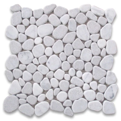 P64T Non Slip Shower Floor Tile Tumbled Carrara Grey Marble Pebble Mosaic - Image 1 of 4