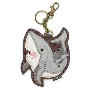 NEW CHALA BROWN GREY WHITE SHARK KEY FOB COIN PURSE KEYCHAIN ZIPPERED - Picture 1 of 2