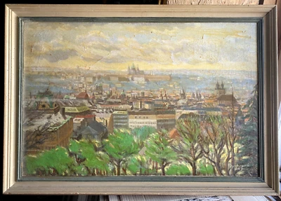 Пражская антикварная картина маслом вид Über Die City подпись чешский ° старый город Молдау - Изображение 1 из 4