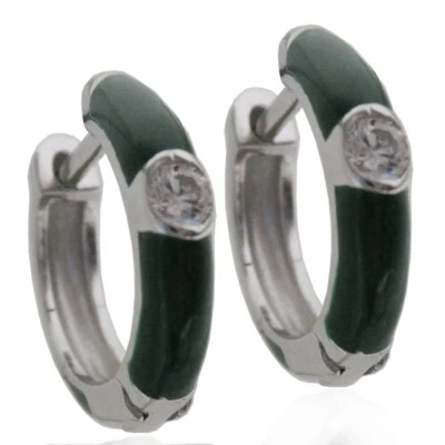 Orecchini a cerchio mm 14 in argento 925 rodiato con zircone e smalto verde - Immagine 1 di 2