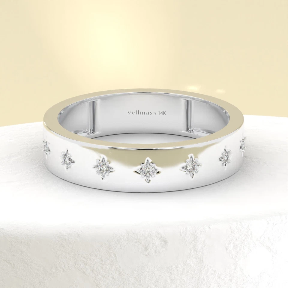 Gold Diamond Eternity Band Ring, Starburst Ring 18K White Gold Band Ring Women - Image 1 of 4