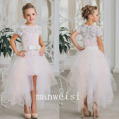 Hi-Lo Custom Lace Flower Girl Dresses Evening Pageant Prom Gowns Bridesmaids Bow - Image 1 of 4
