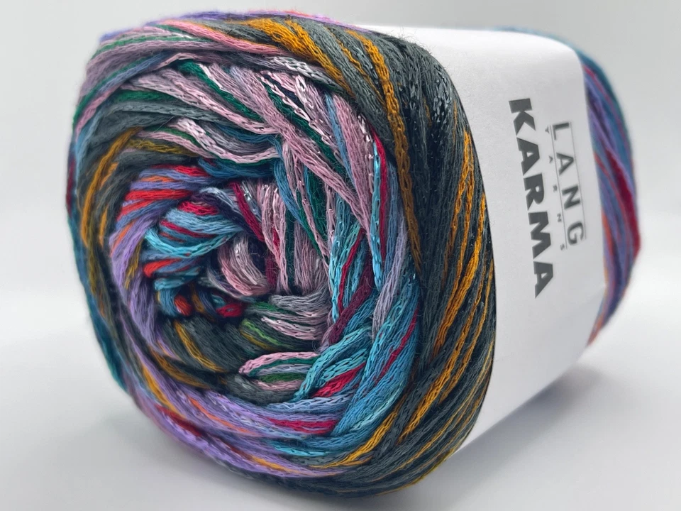 Lang Karma #03 Black Blue Red Lilac Striping DK Cotton Linen Cake Yarn 100g 311y - Image 1 of 4