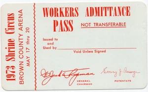 1973 - Shrine Circus Workers Pass, Brown County Arena - AAFO - Picture 1 of 2