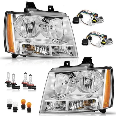 Chrome Headlights For 2007-2014 Chevy Suburban Tahoe Avalanche W/Bulbs L+R Pair - Image 1 of 3