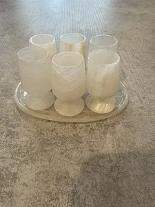 Egyptian Onyx Stone Mini Shot Glasses 2.5” High Set Of 6 Glasses With Tray G3 - Picture 1 of 6