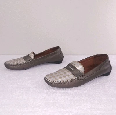 ROBERT ZUR Petra 编织皮革平底鞋女式 8.5 青铜银色便士乐福鞋 — 第 1/4 张图片