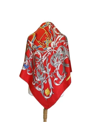 Hermès Paris Silk Scarf Le Mors à la Conétable Red Silver Equestrian Vintag#A123 - Image 1 of 4