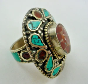 Vintage Handmade Sterling Silver Turquoise & Carnelian Mosaic Ring Size 8 - Picture 1 of 6