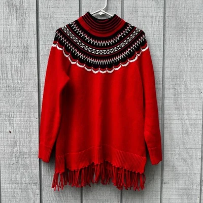 Isaac Mizrahi Live Fringe Sweater Fair Isle Mock Neck Cotton Blend Red Small - Image 1 of 4