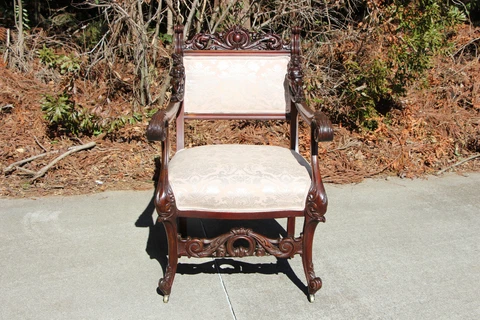 Heavily Carved Mahogany Victorian Arm Chair Fully Carved Maidens Horner Karpen Cover