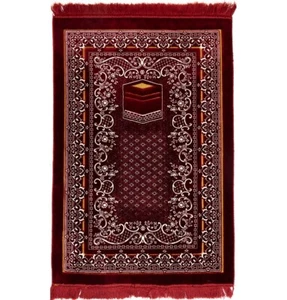 Double Plush Velvet Wide Large Islamic Prayer Rug Janamaz Sajadah Kaba Red - Picture 1 of 5